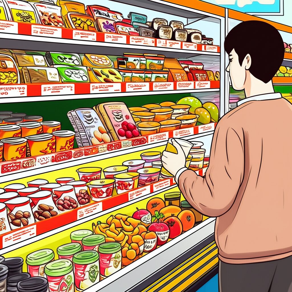 男性が店の食品棚でカップデザートを選んでいる