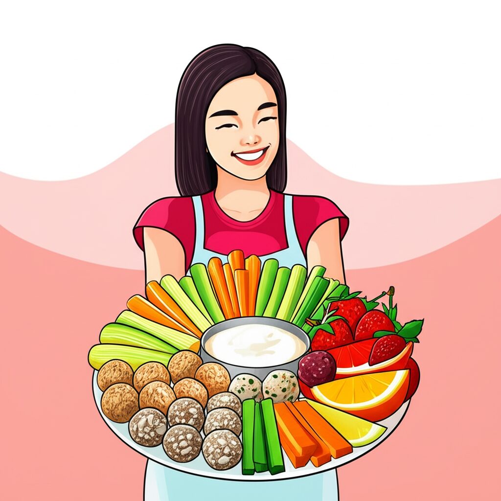 エプロン姿の女性が野菜スティック 果物 丸い肉だんご 白いつけだれが乗った大皿を笑顔で持っている